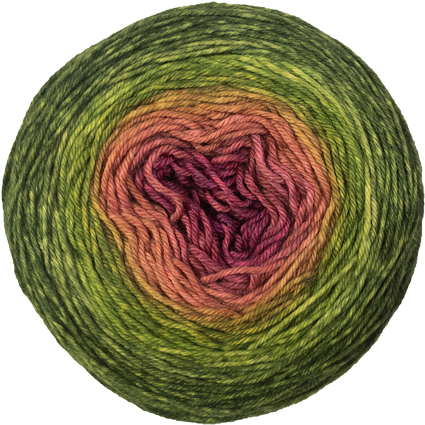 A yarn cake in a gradient from radiant rose in the center to garden green on the outside.