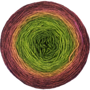 A yarn cake in a gradient from garden green in the center to radiant rose on the outside.