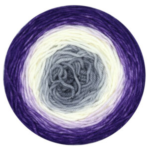 A yarn cake in a gradient from as ash grey in the center to white to royal purple on the outside.