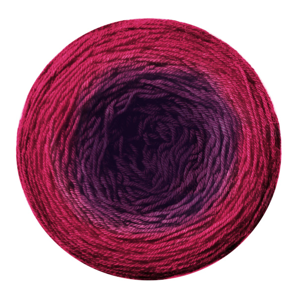 A yarn cake in a gradient from mysterious mulberry in the center to inquisitive raspberry on the outside.